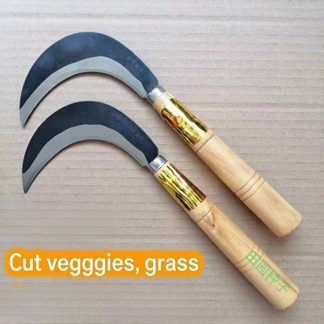 Two heavy-duty garden sickles with wooden handles, designed for cutting vegetables and grass