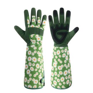 1-Pair thorn proof gardening gloves with green floral print and touchscreen fingertips