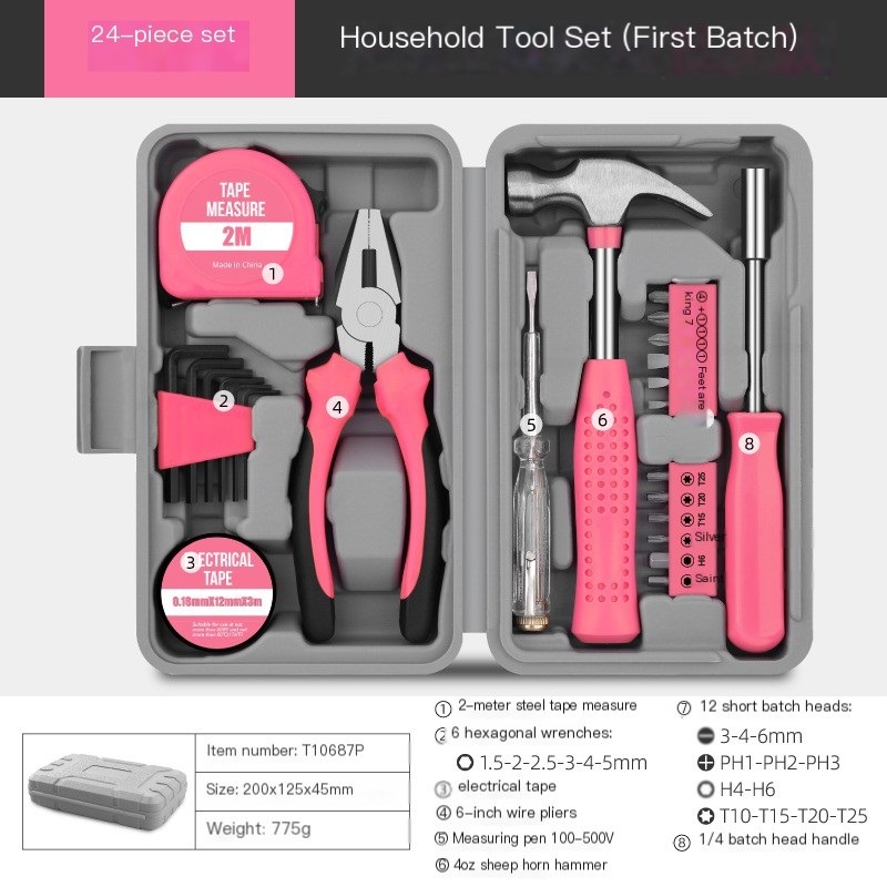24 Piece Household Tool Set with Hammer and Hex Keys
