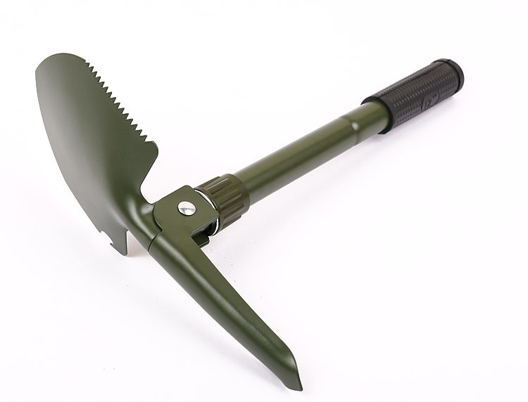 Green folding shovel with pickaxe function unfolded view