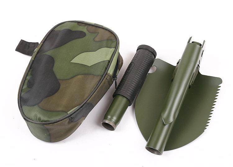 Green folding military shovel with pickaxe function full view