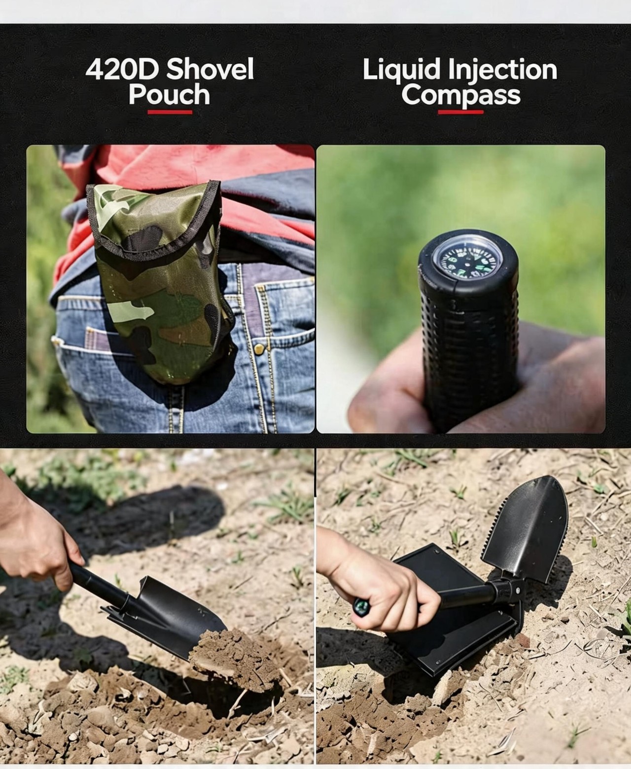Multifunctional shovel feature infographic showing carry pouch and compass
