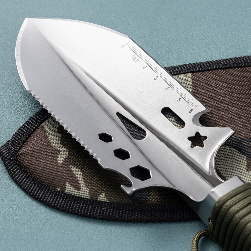 Stainless steel garden trowel with rope handle and camouflage carry pouch