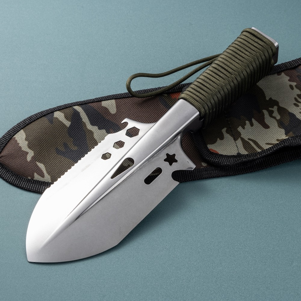 Garden trowel stored in camouflage sheath, showing full length